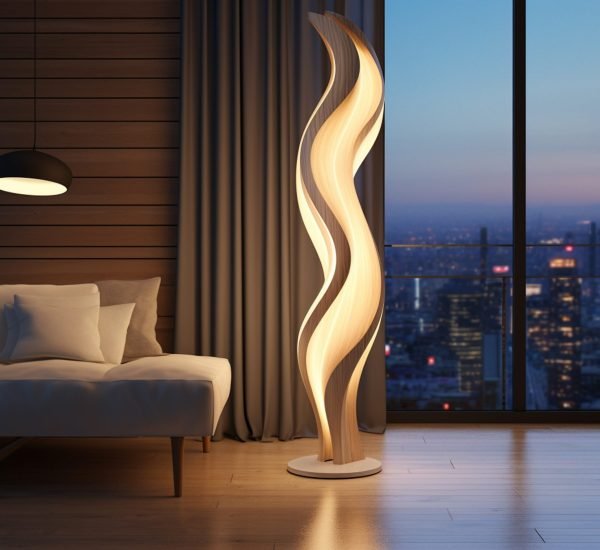 an attractive floor lamp with twilight glows at night in front of a spartan, in the style of wavy lines and organic shapes, vray, spiral group, contemporary diy, luminous sfumato, wood --ar 13:9 --v 5.2 Job ID: f26ebd1f-f171-4a01-a60a-8b2720eaaaac